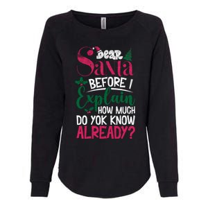 Dear Santa Before I Explain How Much Do You Know Already Womens California Wash Sweatshirt