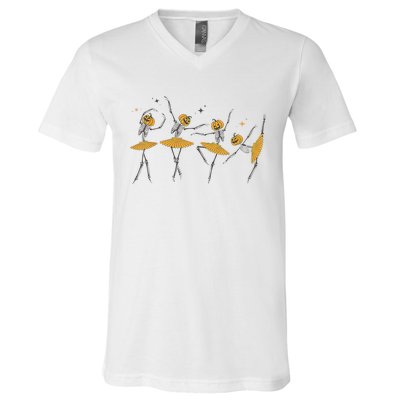 Dancing Skeleton Ballerina Ballet Dance Halloween Women Girl V-Neck T-Shirt