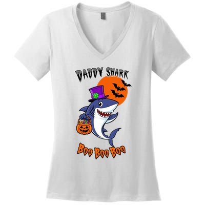 Daddy Shark Boo Boo Boo Funny Family Shark Halloween Women's V-Neck T-Shirt