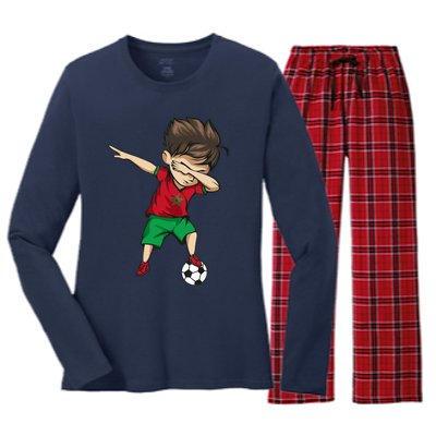 Dabbing Soccer Boy Morocco Jersey Moroccan Football Women's Long Sleeve Flannel Pajama Set 