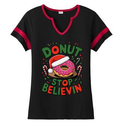 Donut Stop Believin’ Funny Christmas Holiday Santa Donut Ladies Halftime Notch Neck Tee