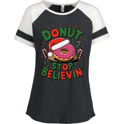 Donut Stop Believin’ Funny Christmas Holiday Santa Donut Enza Ladies Jersey Colorblock Tee