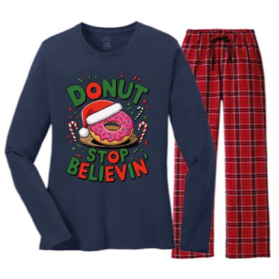 Donut Stop Believin’ Funny Christmas Holiday Santa Donut Women's Long Sleeve Flannel Pajama Set 