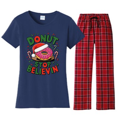 Donut Stop Believin’ Funny Christmas Holiday Santa Donut Women's Flannel Pajama Set