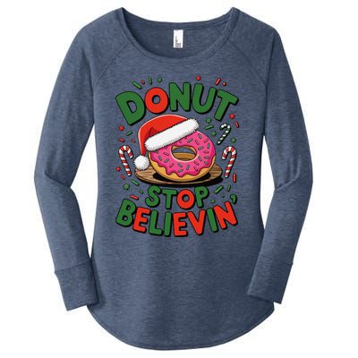 Donut Stop Believin’ Funny Christmas Holiday Santa Donut Women's Perfect Tri Tunic Long Sleeve Shirt