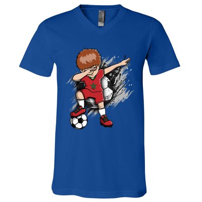 Dabbing Soccer Boy Great Gift Morocco Jersey Moroccan Football Fans Great Gift V-Neck T-Shirt