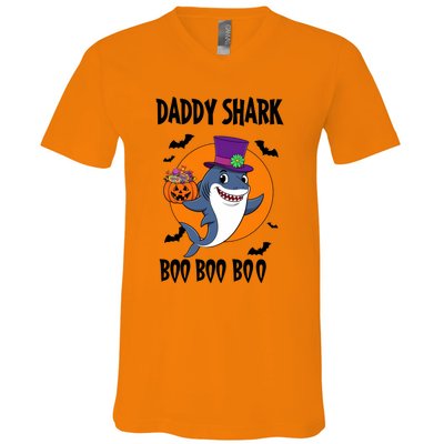 Daddy Shark Boo Boo Boo Funny Family Shark Halloween V-Neck T-Shirt