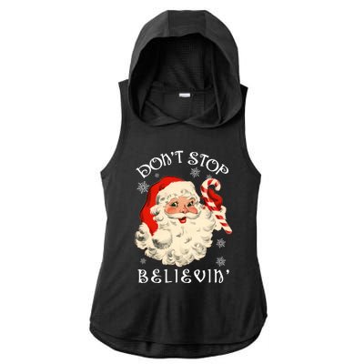 Don't Stop Believin Retro Santa Claus Ladies PosiCharge Tri-Blend Wicking Draft Hoodie Tank