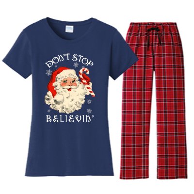 Don't Stop Believin Retro Santa Claus Women's Flannel Pajama Set