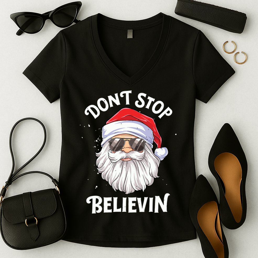 Dont Stop Believin Santa Funny Christmas Boy Kids Gifts Women's V-Neck T-Shirt