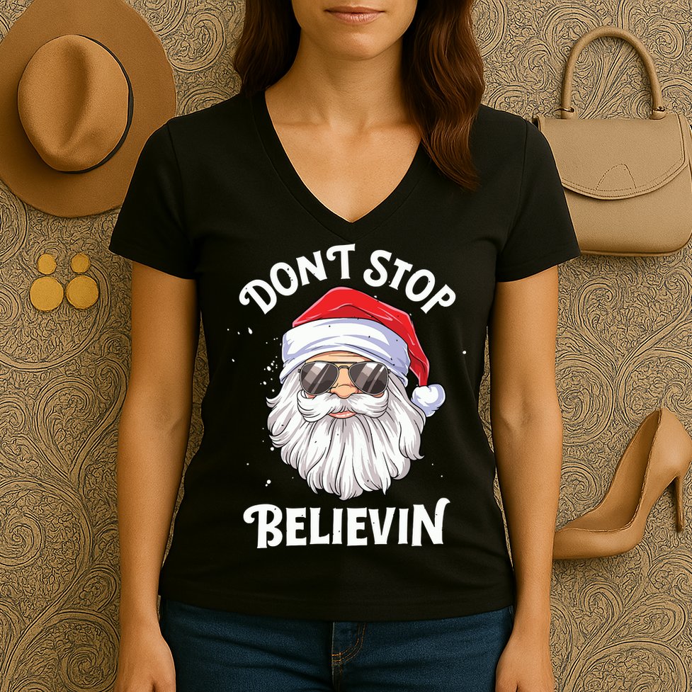 Dont Stop Believin Santa Funny Christmas Boy Kids Gifts Women's V-Neck T-Shirt