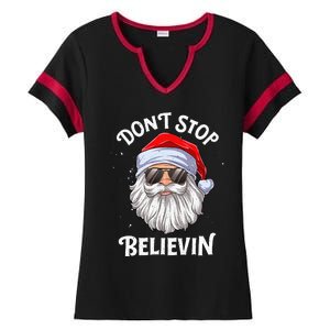 DonT Stop Believin Santa Funny Christmas Ladies Halftime Notch Neck Tee