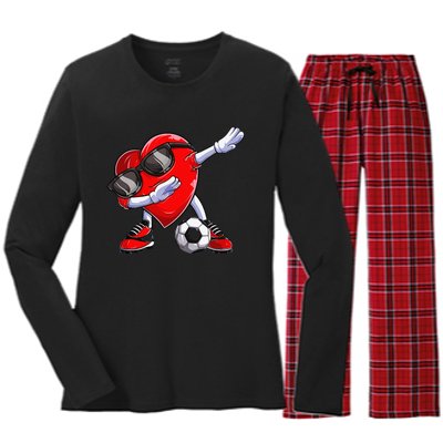 Dabbing Soccer Ball Heart funny Valentines Day Women's Long Sleeve Flannel Pajama Set 