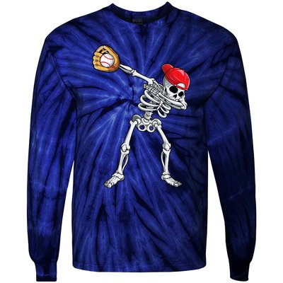 Dabbing Skeleton Baseball Halloween Player Catcher Pitcher Tie-Dye Long Sleeve Shirt