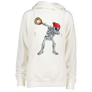 Dabbing Skeleton Baseball Halloween Player Catcher Pitcher Womens Funnel Neck Pullover Hood