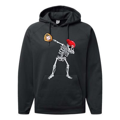 Dabbing Skeleton Baseball Halloween Player Catcher Pitcher Performance Fleece Hoodie