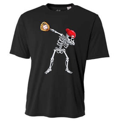 Dabbing Skeleton Baseball Halloween Player Catcher Pitcher Cooling Performance Crew T-Shirt