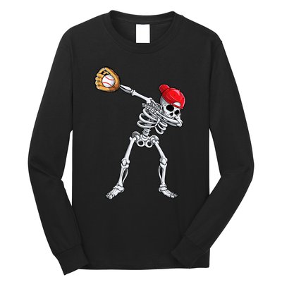 Dabbing Skeleton Baseball Halloween Player Catcher Pitcher Long Sleeve Shirt