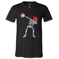 Dabbing Skeleton Baseball Halloween Player Catcher Pitcher V-Neck T-Shirt