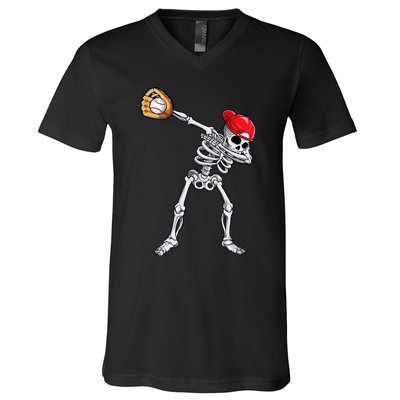 Dabbing Skeleton Baseball Halloween Player Catcher Pitcher V-Neck T-Shirt