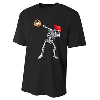 Dabbing Skeleton Baseball Halloween Player Catcher Pitcher Performance Sprint T-Shirt