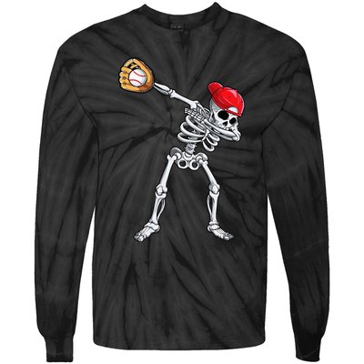 Dabbing Skeleton Baseball Halloween Player Catcher Pitcher Tie-Dye Long Sleeve Shirt