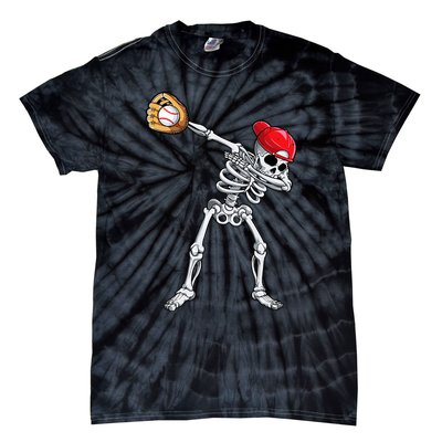 Dabbing Skeleton Baseball Halloween Player Catcher Pitcher Tie-Dye T-Shirt