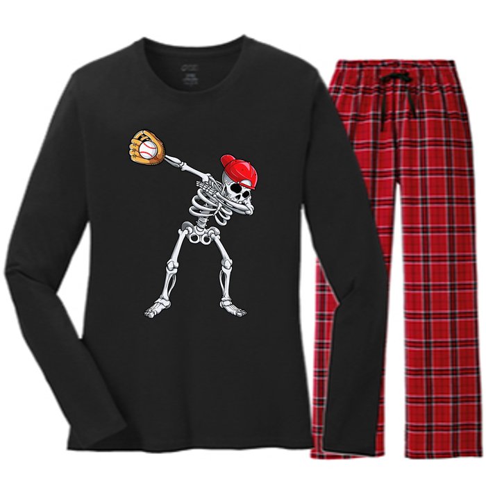 Dabbing Skeleton Baseball Halloween Player Catcher Pitcher Women's Long Sleeve Flannel Pajama Set 