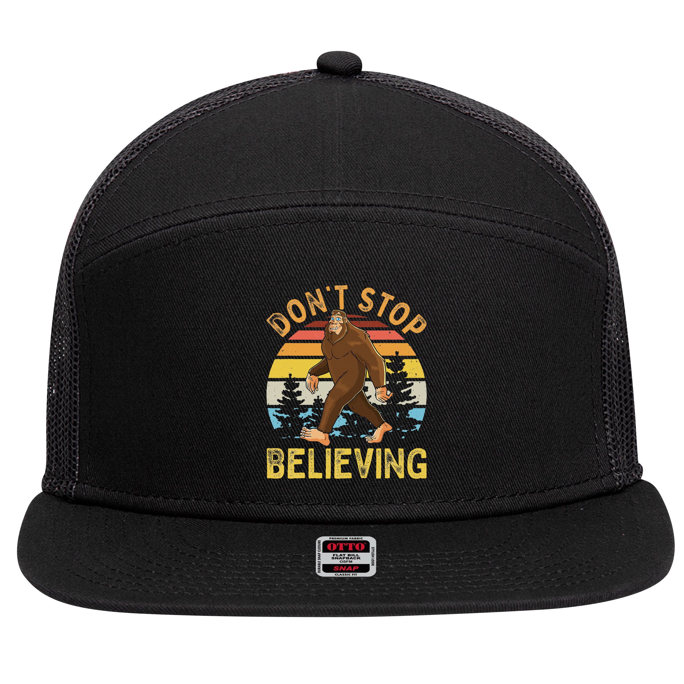 Don't Stop Believing Funny Bigfoot Women 7 Panel Mesh Trucker Snapback Hat