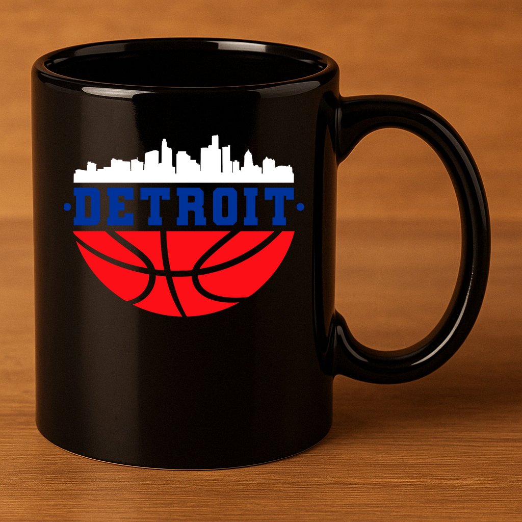 Detroit Skyline Basketball Logo 11oz C Handle Ceramic Mug