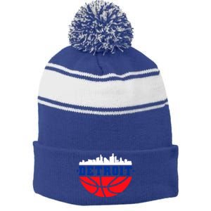 Detroit Skyline Basketball Logo Stripe Pom Pom Beanie