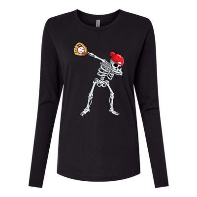 Dabbing Skeleton Baseball Halloween Player Catcher Pitcher Womens Cotton Relaxed Long Sleeve T-Shirt