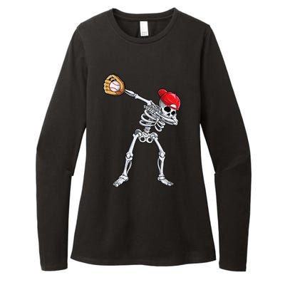 Dabbing Skeleton Baseball Halloween Player Catcher Pitcher Womens CVC Long Sleeve Shirt