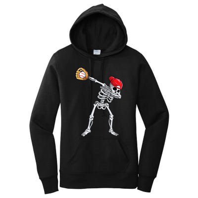 Dabbing Skeleton Baseball Halloween Player Catcher Pitcher Women's Pullover Hoodie