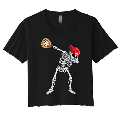 Dabbing Skeleton Baseball Halloween Player Catcher Pitcher Women's Crop Top Tee