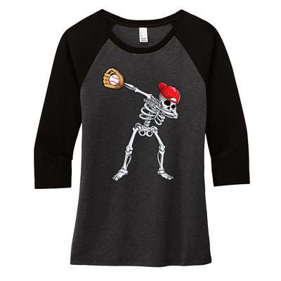 Dabbing Skeleton Baseball Halloween Player Catcher Pitcher Women's Tri-Blend 3/4-Sleeve Raglan Shirt