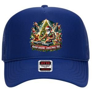 Dj Santa Claus Rockin Christmas Tree Music Xmas Winter Gift High Crown Mesh Back Trucker Hat