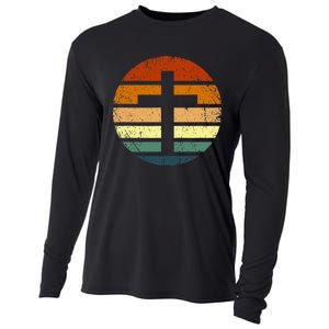 Distressed Sunset Cross Christian Design Cooling Performance Long Sleeve Crew