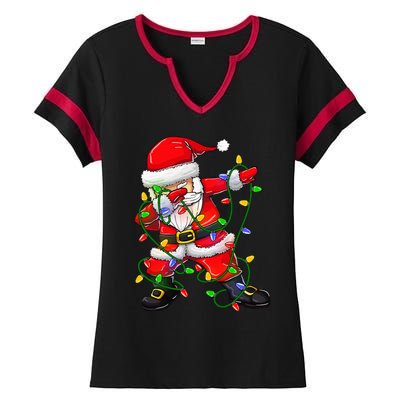 Dabbing Santa Christmas Tree Lights Ladies Halftime Notch Neck Tee