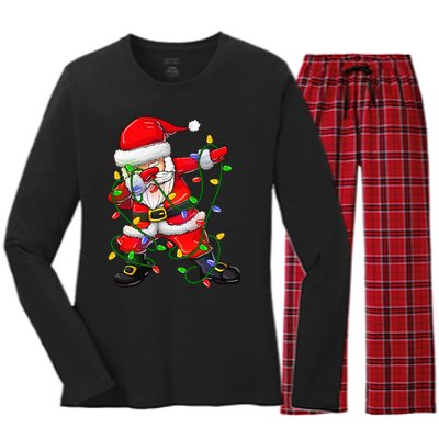 Dabbing Santa Christmas Tree Lights Women's Long Sleeve Flannel Pajama Set 