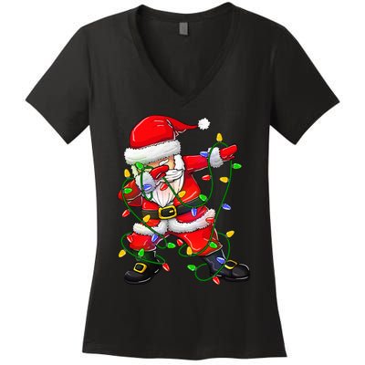 Dabbing Santa Christmas Tree Lights Women's V-Neck T-Shirt