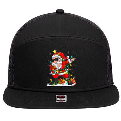 Dabbing Santa Christmas Tree Light Funny Xmas Christmas 2024 7 Panel Mesh Trucker Snapback Hat