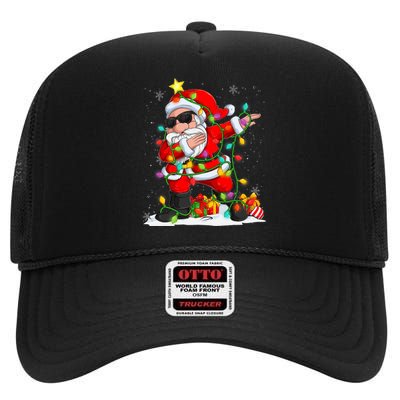 Dabbing Santa Christmas Tree Light Funny Xmas Christmas 2024 High Crown Mesh Back Trucker Hat