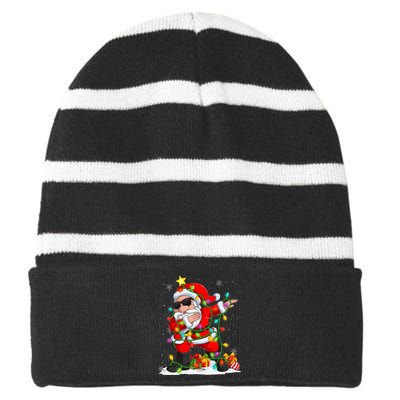 Dabbing Santa Christmas Tree Light Funny Xmas Christmas 2024 Striped Beanie with Solid Band