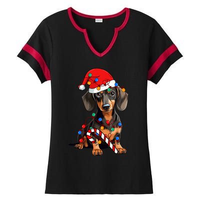 Dachshund Santa Christmas Lights Xmas Dog Lover Xmas Pajama Ladies Halftime Notch Neck Tee