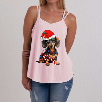 Dachshund Santa Christmas Lights Xmas Dog Lover Xmas Pajama Women's Strappy Tank