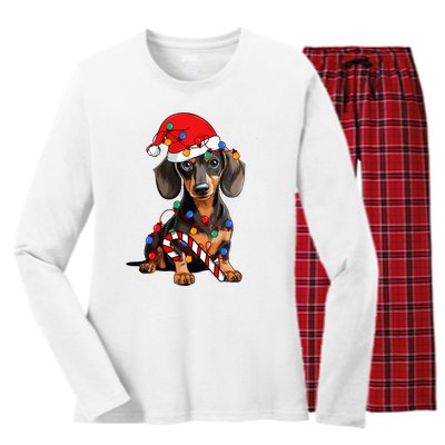 Dachshund Santa Christmas Lights Xmas Dog Lover Xmas Pajama Women's Long Sleeve Flannel Pajama Set 