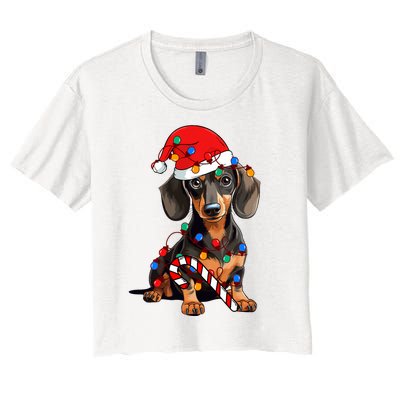 Dachshund Santa Christmas Lights Xmas Dog Lover Xmas Pajama Women's Crop Top Tee