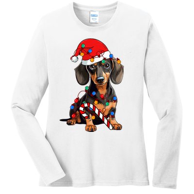 Dachshund Santa Christmas Lights Xmas Dog Lover Xmas Pajama Ladies Long Sleeve Shirt