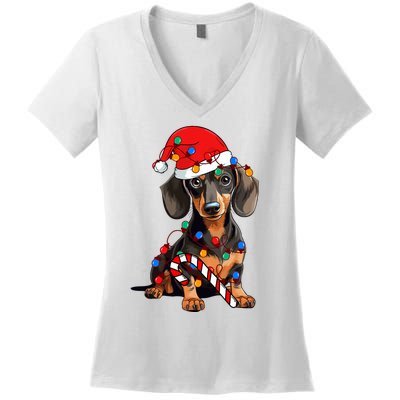 Dachshund Santa Christmas Lights Xmas Dog Lover Xmas Pajama Women's V-Neck T-Shirt